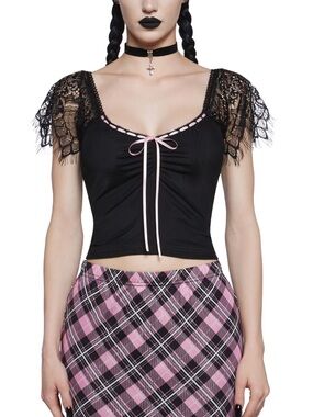 Widow Black Lace Sleeve Top with Pink Ribbon Trim